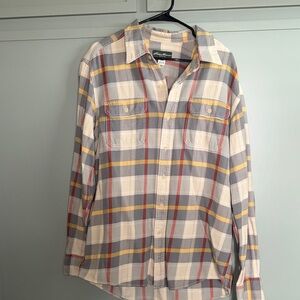 Eddie Bauer Cream, Gray & Yellow Plaid Button-Down Shirt